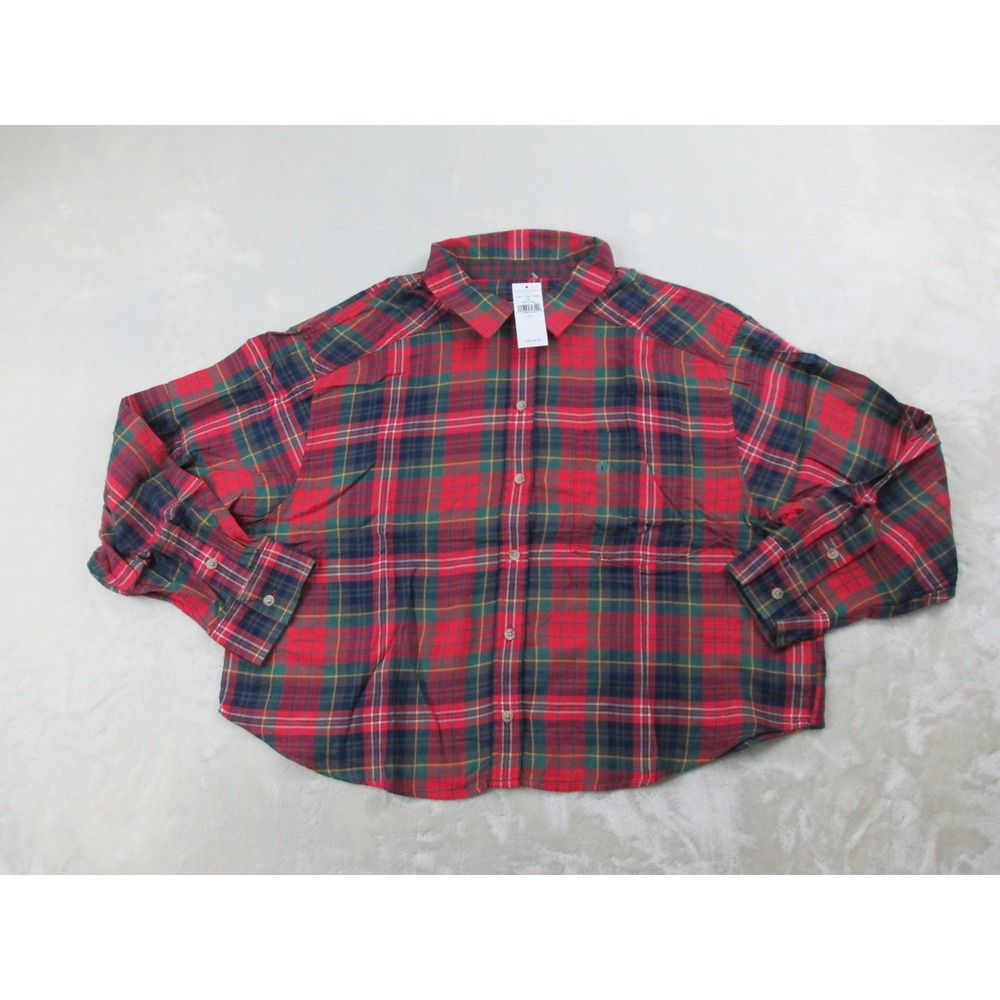 NEW American Eagle Shirt Womens Large Red Plaid Button Up Long Sleeve Crop Top